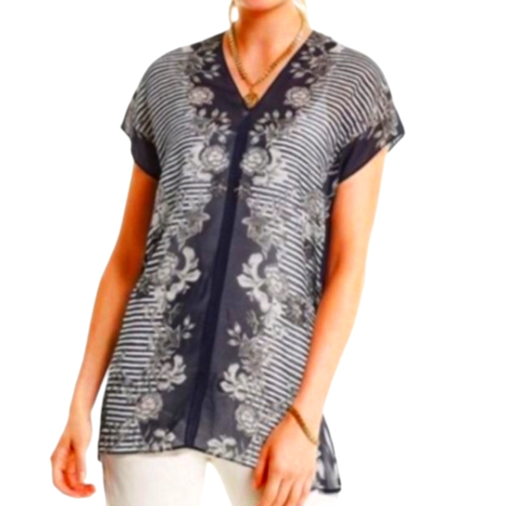 Cabi YACHT TOP 5024 Navy Blue White Sheer Tunic Flowy Short Sleeve Floral Stripe